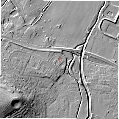 Shaded relief map of the ground around LE115YH, computed from Environment Agency LiDAR. The ground here sits at about 40 m above sea level and falls 25 m across the surrounding 800 m. Surface water reaching this point runs off ground lying to the south-west, 1.7 m higher.