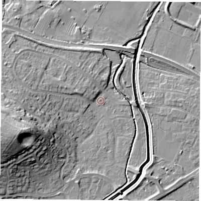 Shaded relief map of the ground around LE115YJ, computed from Environment Agency LiDAR. The ground here sits at about 39 m above sea level and falls 24 m across the surrounding 800 m. Surface water reaching this point runs off ground lying to the west-south-west, 20.6 m higher.
