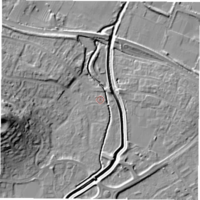 Shaded relief map of the ground around LE115YL, computed from Environment Agency LiDAR. The ground here sits at about 39 m above sea level and falls 23 m across the surrounding 800 m. Surface water reaching this point runs off ground lying to the west, 20.8 m higher.
