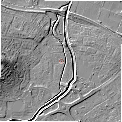 Shaded relief map of the ground around LE115YN, computed from Environment Agency LiDAR. The ground here sits at about 39 m above sea level and falls 22 m across the surrounding 800 m. Surface water reaching this point runs off ground lying to the west, 14.8 m higher.