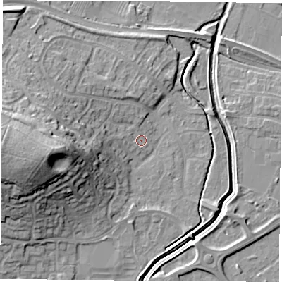 Shaded relief map of the ground around LE115YP, computed from Environment Agency LiDAR. The ground here sits at about 40 m above sea level and falls 24 m across the surrounding 800 m. Surface water reaching this point runs off ground lying to the west, 19.4 m higher.