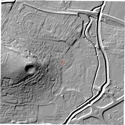 Shaded relief map of the ground around LE115YR, computed from Environment Agency LiDAR. The ground here sits at about 40 m above sea level and falls 24 m across the surrounding 800 m. Surface water reaching this point runs off ground lying to the west, 19.0 m higher.