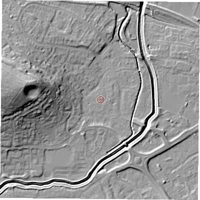 Shaded relief map of the ground around LE115YS, computed from Environment Agency LiDAR. The ground here sits at about 40 m above sea level and falls 24 m across the surrounding 800 m. Surface water reaching this point runs off ground lying to the west, 3.3 m higher.