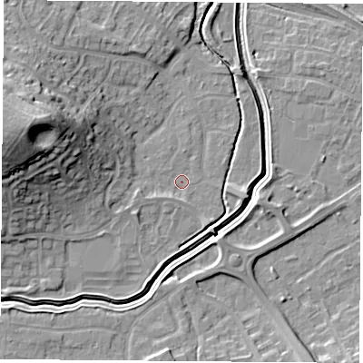 Shaded relief map of the ground around LE115YT, computed from Environment Agency LiDAR. The ground here sits at about 39 m above sea level and falls 23 m across the surrounding 800 m. Surface water reaching this point runs off ground lying to the west-north-west, 20.1 m higher.