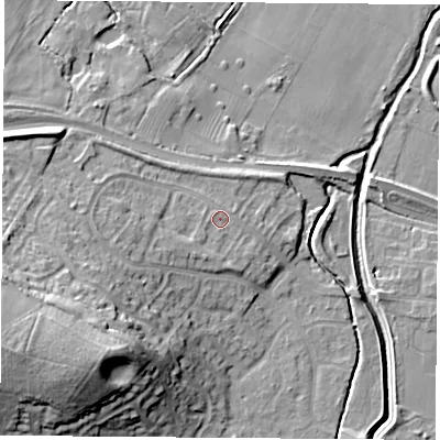 Shaded relief map of the ground around LE115YU, computed from Environment Agency LiDAR. The ground here sits at about 41 m above sea level and falls 25 m across the surrounding 800 m. Surface water reaching this point runs off ground lying to the south-west, 1.9 m higher.