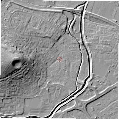 Shaded relief map of the ground around LE115YW, computed from Environment Agency LiDAR. The ground here sits at about 39 m above sea level and falls 24 m across the surrounding 800 m. Surface water reaching this point runs off ground lying to the west, 19.7 m higher.