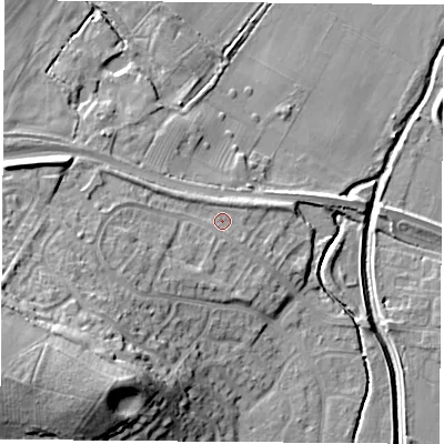 Shaded relief map of the ground around LE115YX, computed from Environment Agency LiDAR. The ground here sits at about 41 m above sea level and falls 25 m across the surrounding 800 m. Surface water reaching this point runs off ground lying to the west-south-west, 8.1 m higher.
