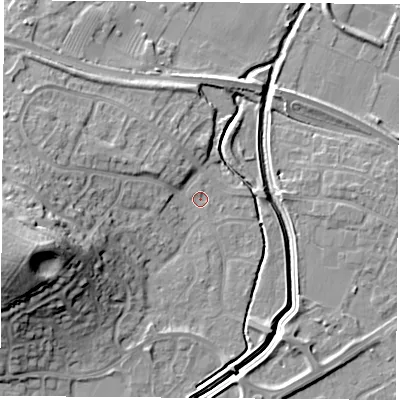Shaded relief map of the ground around LE115YY, computed from Environment Agency LiDAR. The ground here sits at about 39 m above sea level and falls 24 m across the surrounding 800 m. Surface water reaching this point runs off ground lying to the west-south-west, 20.6 m higher.