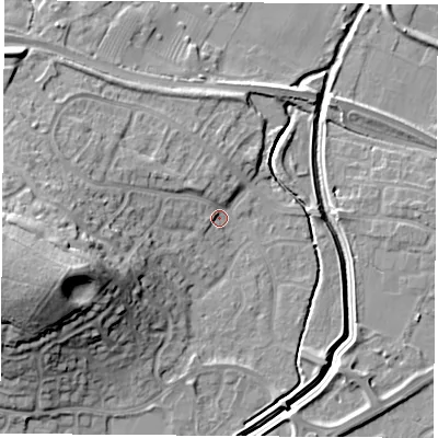 Shaded relief map of the ground around LE115YZ, computed from Environment Agency LiDAR. The ground here sits at about 39 m above sea level and falls 24 m across the surrounding 800 m. Surface water reaching this point runs off ground lying to the west-south-west, 20.3 m higher.