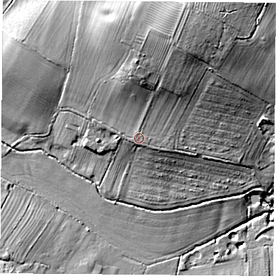 Shaded relief map of the ground around LE125BD, computed from Environment Agency LiDAR. The ground here sits at about 49 m above sea level and falls 29 m across the surrounding 800 m. Surface water reaching this point runs off ground lying to the north-north-east, 13.6 m higher.