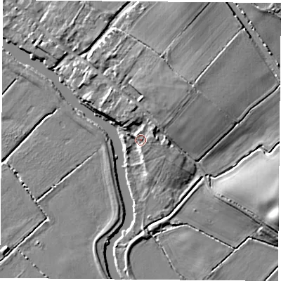 Shaded relief map of the ground around LE125BF, computed from Environment Agency LiDAR. The ground here sits at about 38 m above sea level and falls 10 m across the surrounding 800 m. Surface water reaching this point runs off ground lying to the north-east, 1.3 m higher.