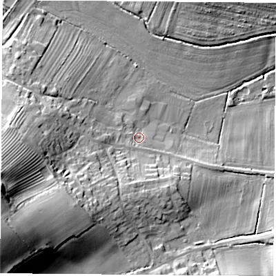 Shaded relief map of the ground around LE125DD, computed from Environment Agency LiDAR. The ground here sits at about 44 m above sea level and falls 32 m across the surrounding 800 m. Surface water reaching this point runs off ground lying to the south-west, 13.5 m higher.