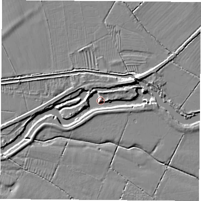 Shaded relief map of the ground around LE125EQ, computed from Environment Agency LiDAR. The ground here sits at about 35 m above sea level and falls 6 m across the surrounding 800 m. Surface water reaching this point runs off ground lying to the east-north-east, 5.8 m higher.