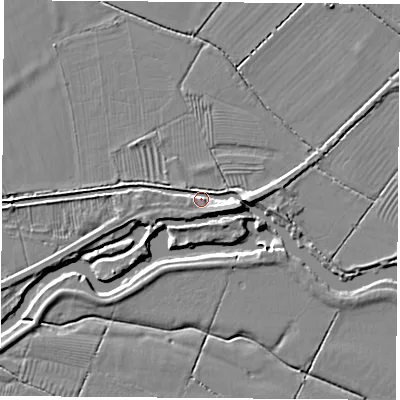Shaded relief map of the ground around LE125EU, computed from Environment Agency LiDAR. The ground here sits at about 36 m above sea level and falls 6 m across the surrounding 800 m. Surface water reaching this point runs off ground lying to the east-south-east, 3.9 m higher.