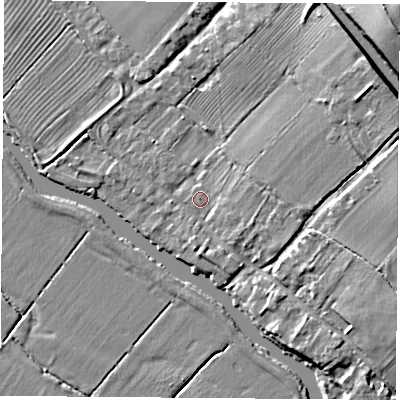 Shaded relief map of the ground around LE125HB, computed from Environment Agency LiDAR. The ground here sits at about 36 m above sea level and falls 15 m across the surrounding 800 m. Surface water reaching this point runs off ground lying to the east, 2.6 m higher.