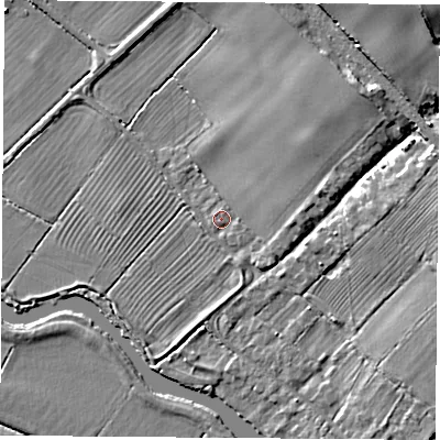 Shaded relief map of the ground around LE125HD, computed from Environment Agency LiDAR. The ground here sits at about 36 m above sea level and falls 13 m across the surrounding 800 m. Surface water reaching this point runs off ground lying to the east, 0.7 m higher.