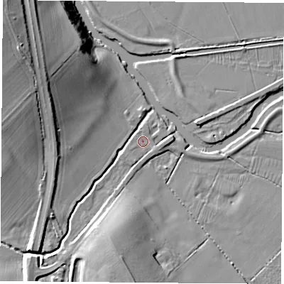 Shaded relief map of the ground around LE125JN, computed from Environment Agency LiDAR. The ground here sits at about 34 m above sea level and falls 24 m across the surrounding 800 m. Surface water reaching this point runs off ground lying to the south-south-west, 1.2 m higher.