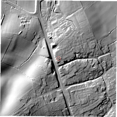 Shaded relief map of the ground around LE125LD, computed from Environment Agency LiDAR. The ground here sits at about 54 m above sea level and falls 38 m across the surrounding 800 m. Surface water reaching this point runs off ground lying to the north-west, 1.2 m higher.