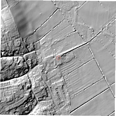 Shaded relief map of the ground around LE125LJ, computed from Environment Agency LiDAR. The ground here sits at about 37 m above sea level and falls 17 m across the surrounding 800 m. Surface water reaching this point runs off ground lying to the south, 0.6 m higher.