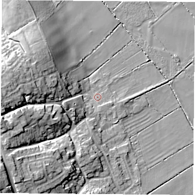 Shaded relief map of the ground around LE125LQ, computed from Environment Agency LiDAR. The ground here sits at about 36 m above sea level and falls 22 m across the surrounding 800 m. Surface water reaching this point runs off ground lying to the south-west, 18.8 m higher.