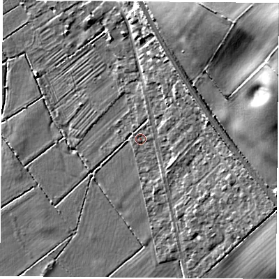 Shaded relief map of the ground around LE125NH, computed from Environment Agency LiDAR. The ground here sits at about 35 m above sea level and falls 26 m across the surrounding 800 m. Surface water reaching this point runs off ground lying to the east-north-east, 6.5 m higher.