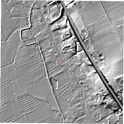 Shaded relief map of the ground around LE125PE, computed from Environment Agency LiDAR. The ground here sits at about 34 m above sea level and falls 28 m across the surrounding 800 m. Surface water reaching this point runs off ground lying to the north-north-east, 11.7 m higher.