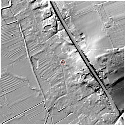 Shaded relief map of the ground around LE125PF, computed from Environment Agency LiDAR. The ground here sits at about 34 m above sea level and falls 28 m across the surrounding 800 m. Surface water reaching this point runs off ground lying to the east-south-east, 16.0 m higher.
