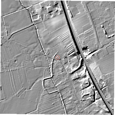 Shaded relief map of the ground around LE125PH, computed from Environment Agency LiDAR. The ground here sits at about 34 m above sea level and falls 23 m across the surrounding 800 m. Surface water reaching this point runs off ground lying to the east-north-east, 15.5 m higher.