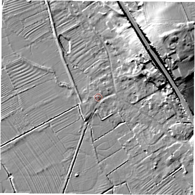 Shaded relief map of the ground around LE125PQ, computed from Environment Agency LiDAR. The ground here sits at about 34 m above sea level and falls 28 m across the surrounding 800 m. Surface water reaching this point runs off ground lying to the north-east, 1.0 m higher.