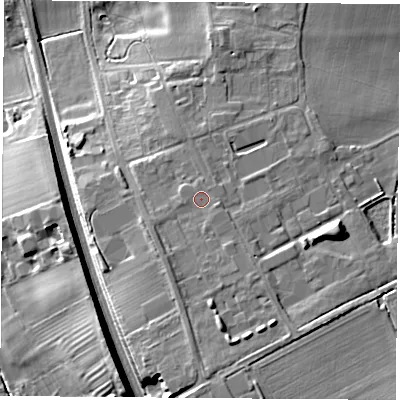 Shaded relief map of the ground around LE125RD, computed from Environment Agency LiDAR. The ground here sits at about 48 m above sea level and falls 22 m across the surrounding 800 m. Surface water reaching this point runs off ground lying to the south, 3.8 m higher.