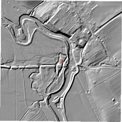 Shaded relief map of the ground around LE125TL, computed from Environment Agency LiDAR. The ground here sits at about 38 m above sea level and falls 9 m across the surrounding 800 m. Surface water reaching this point runs off ground lying to the south-east, 3.5 m higher.