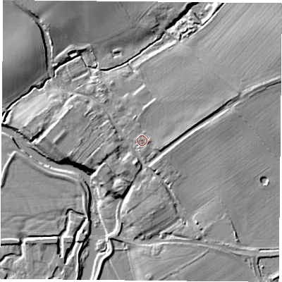 Shaded relief map of the ground around LE125TW, computed from Environment Agency LiDAR. The ground here sits at about 41 m above sea level and falls 13 m across the surrounding 800 m. Surface water reaching this point runs off ground lying to the east-north-east, 5.8 m higher.