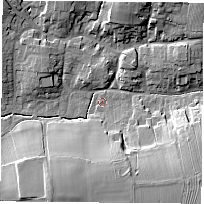 Shaded relief map of the ground around LE126AB, computed from Environment Agency LiDAR. The ground here sits at about 72 m above sea level and falls 22 m across the surrounding 800 m. Surface water reaching this point runs off ground lying to the south-south-east, 6.2 m higher.