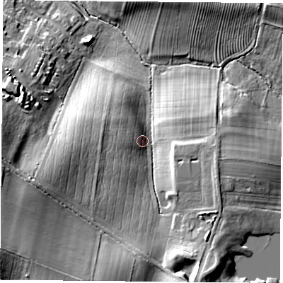 Shaded relief map of the ground around LE126AS, computed from Environment Agency LiDAR. The ground here sits at about 60 m above sea level and falls 26 m across the surrounding 800 m. Surface water reaching this point runs off ground lying to the south-west, 7.5 m higher.