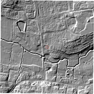 Shaded relief map of the ground around LE126JG, computed from Environment Agency LiDAR. The ground here sits at about 47 m above sea level and falls 11 m across the surrounding 800 m. Surface water reaching this point runs off ground lying to the east-north-east, 7.5 m higher.