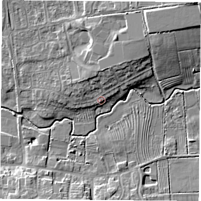 Shaded relief map of the ground around LE126JP, computed from Environment Agency LiDAR. The ground here sits at about 49 m above sea level and falls 16 m across the surrounding 800 m. Surface water reaching this point runs off ground lying to the north-north-east, 4.9 m higher.