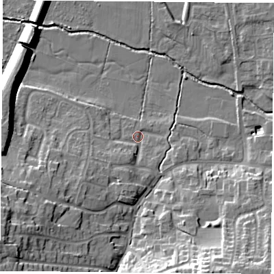 Shaded relief map of the ground around LE126LL, computed from Environment Agency LiDAR. The ground here sits at about 46 m above sea level and falls 19 m across the surrounding 800 m. Surface water reaching this point runs off ground lying to the south-south-east, 17.0 m higher.