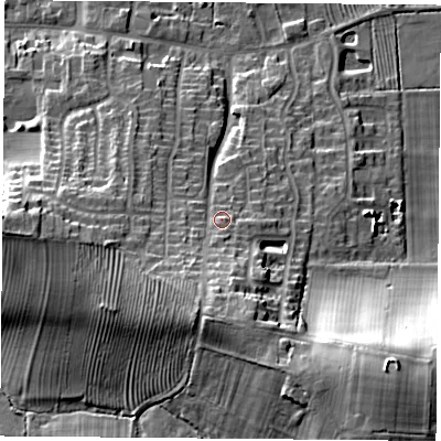 Shaded relief map of the ground around LE126LU, computed from Environment Agency LiDAR. The ground here sits at about 58 m above sea level and falls 29 m across the surrounding 800 m. Surface water reaching this point runs off ground lying to the south, 10.1 m higher.