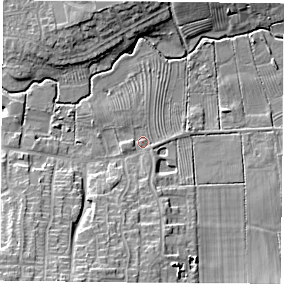 Shaded relief map of the ground around LE126LY, computed from Environment Agency LiDAR. The ground here sits at about 47 m above sea level and falls 18 m across the surrounding 800 m. Surface water reaching this point runs off ground lying to the south-south-west, 13.1 m higher.