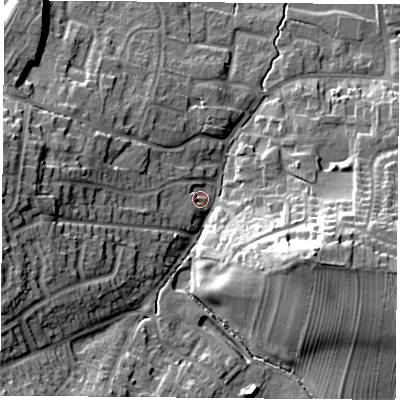 Shaded relief map of the ground around LE126PB, computed from Environment Agency LiDAR. The ground here sits at about 48 m above sea level and falls 22 m across the surrounding 800 m. Surface water reaching this point runs off ground lying to the west-south-west, 3.9 m higher.