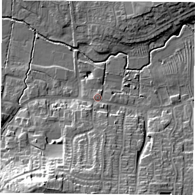 Shaded relief map of the ground around LE126PF, computed from Environment Agency LiDAR. The ground here sits at about 48 m above sea level and falls 23 m across the surrounding 800 m. Surface water reaching this point runs off ground lying to the south, 13.1 m higher.