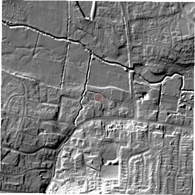 Shaded relief map of the ground around LE126QD, computed from Environment Agency LiDAR. The ground here sits at about 46 m above sea level and falls 17 m across the surrounding 800 m. Surface water reaching this point runs off ground lying to the south, 14.9 m higher.