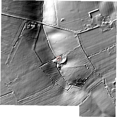 Shaded relief map of the ground around LE126SD, computed from Environment Agency LiDAR. The ground here sits at about 109 m above sea level and falls 19 m across the surrounding 800 m. Surface water reaching this point runs off ground lying to the east-south-east, 13.2 m higher.