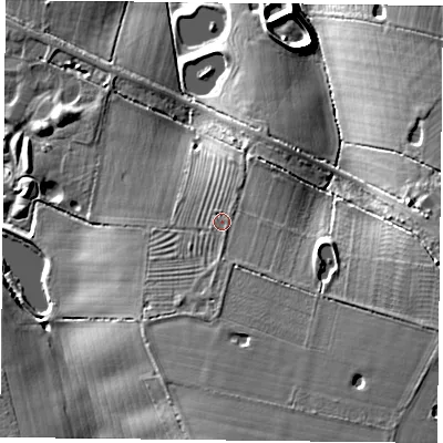 Shaded relief map of the ground around LE126SE, computed from Environment Agency LiDAR. The ground here sits at about 112 m above sea level and falls 24 m across the surrounding 800 m. Surface water reaching this point runs off ground lying to the south-east, 6.2 m higher.