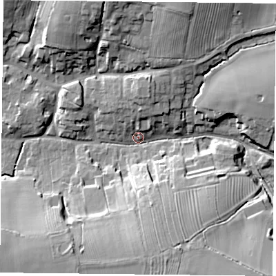 Shaded relief map of the ground around LE126TT, computed from Environment Agency LiDAR. The ground here sits at about 72 m above sea level and falls 24 m across the surrounding 800 m. Surface water reaching this point runs off ground lying to the south-east, 21.6 m higher.