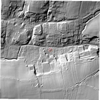 Shaded relief map of the ground around LE126TU, computed from Environment Agency LiDAR. The ground here sits at about 72 m above sea level and falls 24 m across the surrounding 800 m. Surface water reaching this point runs off ground lying to the south-east, 19.7 m higher.