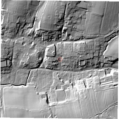 Shaded relief map of the ground around LE126TX, computed from Environment Agency LiDAR. The ground here sits at about 73 m above sea level and falls 22 m across the surrounding 800 m. Surface water reaching this point runs off ground lying to the east-north-east, 8.0 m higher.