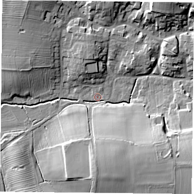 Shaded relief map of the ground around LE126UA, computed from Environment Agency LiDAR. The ground here sits at about 70 m above sea level and falls 20 m across the surrounding 800 m. Surface water reaching this point runs off ground lying to the south-east, 17.4 m higher.
