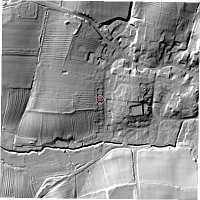 Shaded relief map of the ground around LE126UB, computed from Environment Agency LiDAR. The ground here sits at about 74 m above sea level and falls 21 m across the surrounding 800 m. Surface water reaching this point runs off ground lying to the north-west, 6.2 m higher.