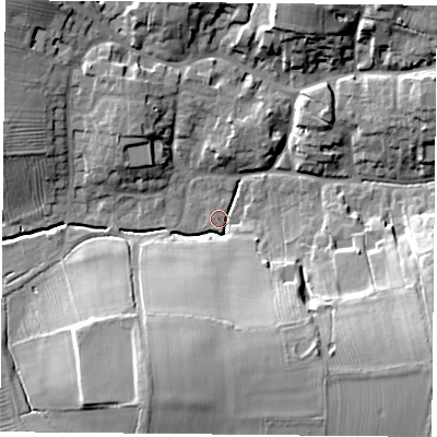 Shaded relief map of the ground around LE126UG, computed from Environment Agency LiDAR. The ground here sits at about 71 m above sea level and falls 22 m across the surrounding 800 m. Surface water reaching this point runs off ground lying to the south-south-east, 16.5 m higher.